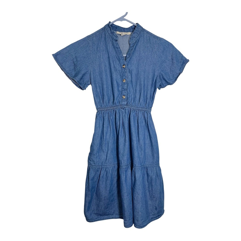 Speed Limit 8 Blue‎ Chambray Dress Tiered Short Sleeve Button Front Cottagecore